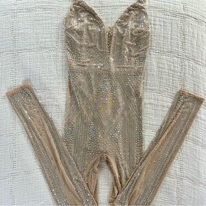 Banjul rhinestone iridescent beige tan bodysuit - small